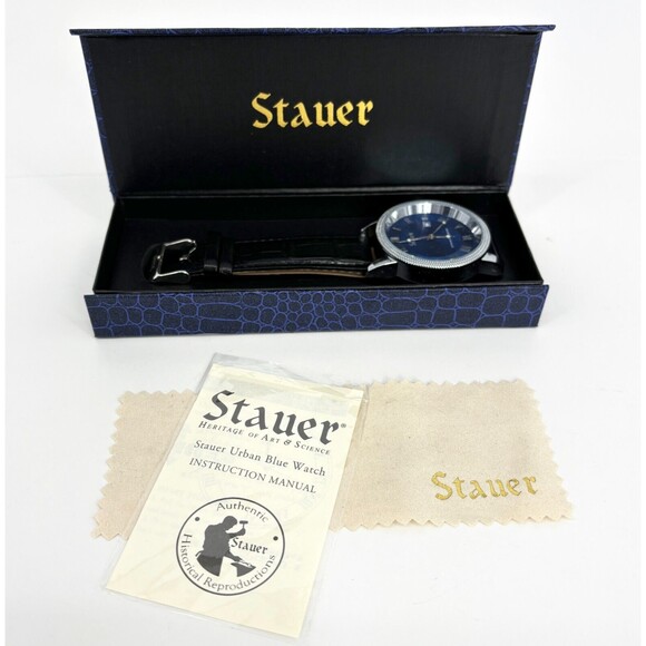 Stauer Urban Blue Dial Watch Analog Quartz Stainless Steel Black Leather Strap - Picture 4 of 9